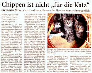 Vorgestellt im Anzeiger für Harlingerland am 7. April 2014: Chippen ist nicht "für die Katz". Der Klick auf's Bild führt zum Artikel im PDF Format.